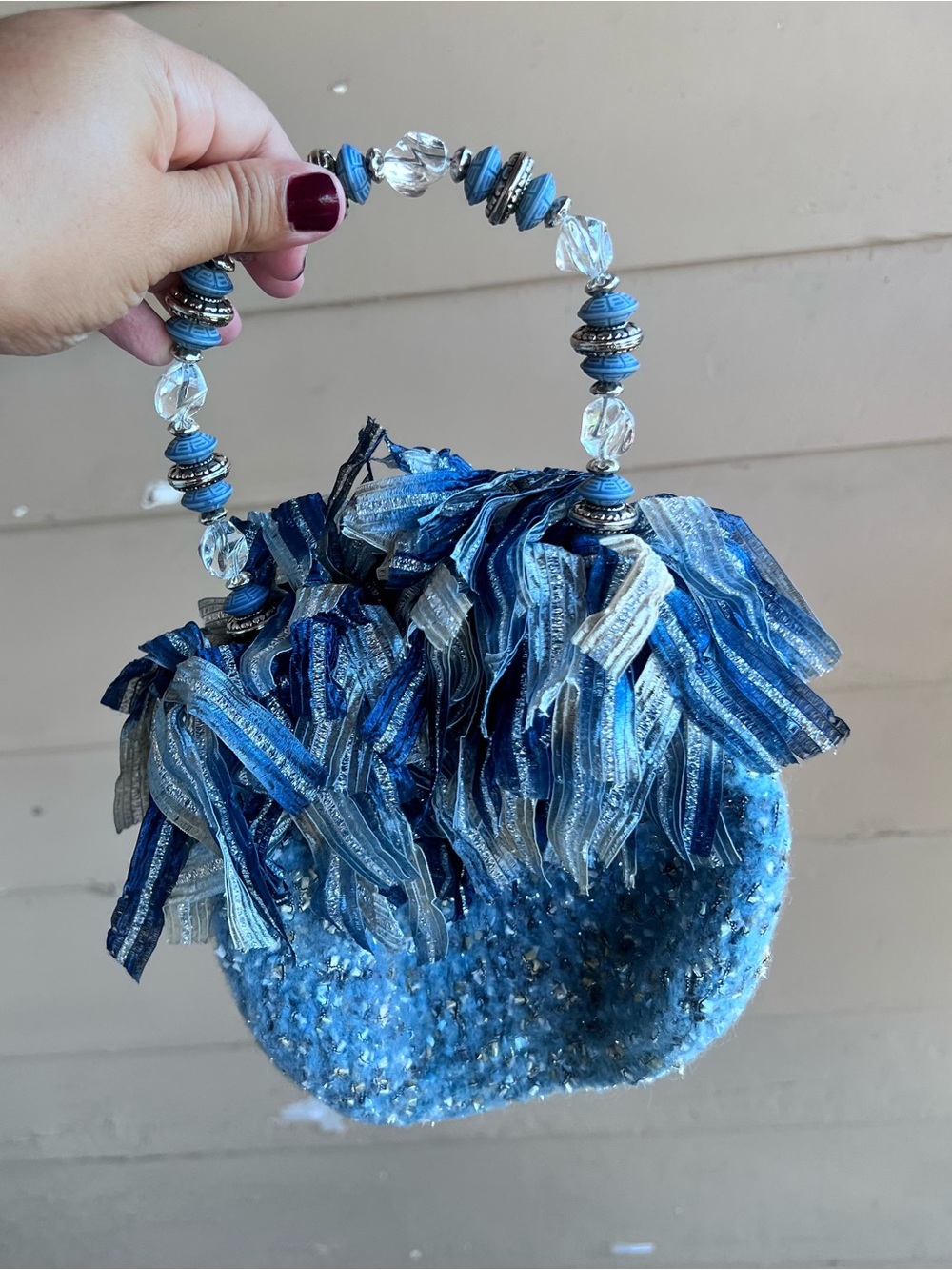 Blue Silver Metallic Fringe Beaded Handle Mini Purse Y2K Statement Bag